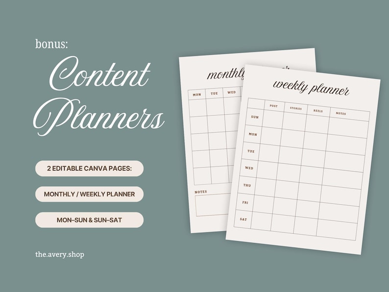 May include: Digital content planners in a neutral colour scheme. The image shows monthly and weekly planner layouts, with spaces for notes and daily scheduling. Text on the image includes "Content Planners" and "2 Editable Canva Pages".