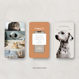 Pode incluir: Tr&ecirc;s cart&otilde;es em forma de telefone com imagens com tema de animais de estima&ccedil;&atilde;o. Um cart&atilde;o apresenta um gato, um d&aacute;lmata e um Corgi. Outro cart&atilde;o diz "Contact Us" com informa&ccedil;&otilde;es de contato. O &uacute;ltimo cart&atilde;o mostra um d&aacute;lmata com o texto "time to pamper pets".