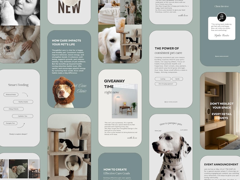 May include: A pet care themed collage featuring images of dogs and cats. Text includes "Smart Feeding", "Giveaway Time", and "Don't Neglect Your Space". The images promote pet care and well-being.