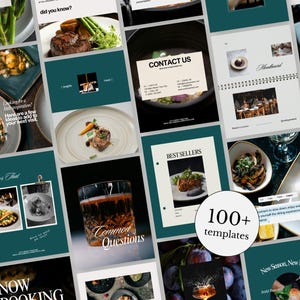 May include: A collection of over 100 social media templates for restaurants featuring dark green backgrounds, white text, and various food photography layouts including contact information, best sellers, and common questions sections.