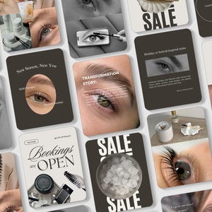 May include: A collection of square cards with images of eyes, eyelashes, and beauty products. Some cards have text like "New Season, New You", "Transformation Story", and "Bookings are OPEN". The color scheme is primarily black, white, and gray.