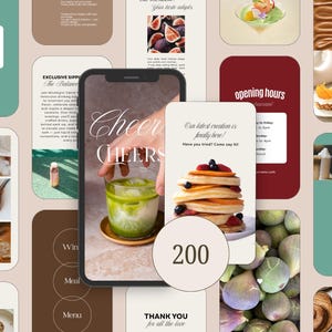Könnte beinhalten: Eine digitale Collage mit einem Smartphone, das ein grünes Getränk mit den Worten "Cheers" und "Cheers" anzeigt. Weitere Bilder zeigen Pfannkuchen mit Früchten, Feigen und verschiedene Speisen und Getränke. Die Zahl "200" ist ebenfalls sichtbar.