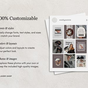 May include: A promotional image with the text "100% Customizable" and bullet points describing the ability to change fonts, colors, and images. A mock-up of an Instagram feed is shown with various posts, including the text "SALE" and "TOP TIPS". The Avery Shop is listed.