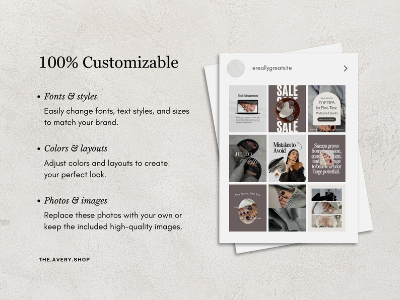 May include: A promotional image with the text "100% Customizable" and bullet points describing the ability to change fonts, colors, and images. A mock-up of an Instagram feed is shown with various posts, including the text "SALE" and "TOP TIPS". The Avery Shop is listed.