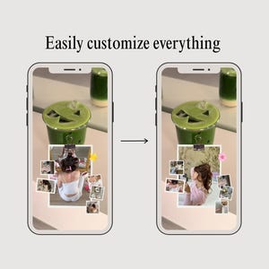 May include: Two smartphones displaying a digital interface with the text Easily customize everything. Each screen shows a green drink in a cup and a collage of small square photographs featuring a person in different outfits and settings.