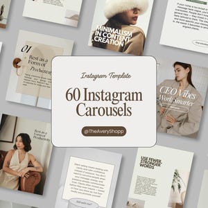 Könnte beinhalten: Eine Sammlung von Instagram-Karussellvorlagen. Das zentrale Bild zeigt ein Quadrat mit dem Text "Instagram Template 60 Instagram Carousels @TheAveryShopp". Umgebende Bilder enthalten Text wie "Rest as a Form of Productivity" und "CEO Vibes Work Smarter".
