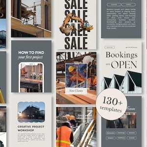 May include: A collection of digital social media templates for construction businesses, featuring various layouts with text overlays like SALE, HOW TO FIND your first project, Bookings are OPEN, and 130+ templates, showcasing imagery of excavators, workers, and tools.