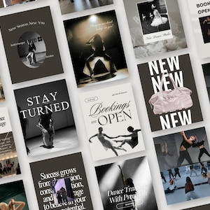 May include: A grid of social media posts featuring dance studio photography, including dancers in motion, a light pink duffel bag, and text overlays such as Bookings are Open, Stay Turned, and My Signature Dance Weekly Package in a neutral color palette.