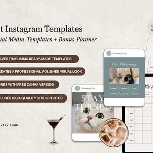 K&ouml;nnte beinhalten: Pet Instagram Vorlagen mit Social Media Vorlagen und einem Bonusplaner. Das Bild enth&auml;lt Mockups von Instagram-Posts mit Haustieren, einen Wochenplaner und Text, der lautet: "Spart Zeit durch die Verwendung vorgefertigter Vorlagen."