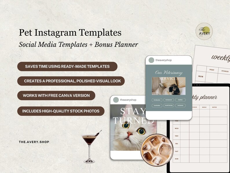 K&ouml;nnte beinhalten: Pet Instagram Vorlagen mit Social Media Vorlagen und einem Bonusplaner. Das Bild enth&auml;lt Mockups von Instagram-Posts mit Haustieren, einen Wochenplaner und Text, der lautet: "Spart Zeit durch die Verwendung vorgefertigter Vorlagen."