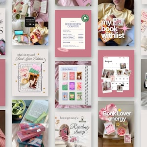 Puede incluir: Una colecci&oacute;n de plantillas digitales para redes sociales con gr&aacute;ficos tem&aacute;ticos de libros, registros de lectura, calendarios mensuales y dise&ntilde;os est&eacute;ticos con superposiciones de texto como My Favourite Books y Book Lover energy.
