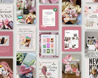 ブックスタグラムのInstagram投稿テンプレート、iOS向けの居心地の良い読書投稿、本好きのためのCanva投稿、読書日記コンテンツ、文学ブロガーキット