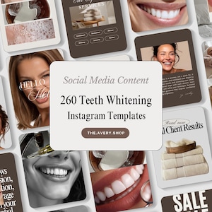 Puede incluir: Un conjunto de plantillas de contenido para redes sociales sobre blanqueamiento dental, con imágenes de dientes, rostros sonrientes y texto. Las plantillas están diseñadas para Instagram e incluyen el texto "260 Teeth Whitening Instagram Templates".