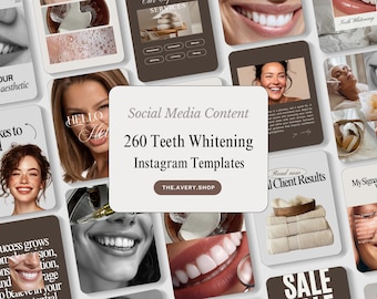 May include: A collection of social media content templates for teeth whitening, featuring images of teeth, smiling faces, and text. The templates are designed for Instagram and include the text "260 Teeth Whitening Instagram Templates".