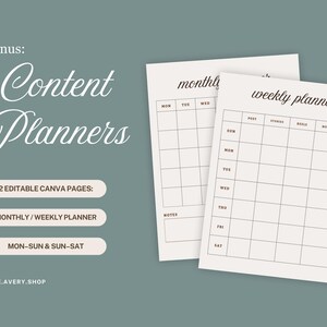 K&ouml;nnte beinhalten: Zwei beigefarbene Content-Planer, einer monatlich und einer w&ouml;chentlich, mit einem Raster-Layout f&uuml;r die Planung. Der Text "Content Planners" ist in eleganter Schrift. Zus&auml;tzlicher Text zeigt editierbare Canva-Seiten an.