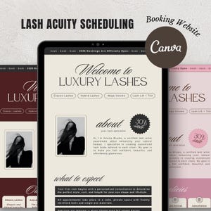Puede incluir: Una pantalla digital que muestra un sitio web para Luxury Lashes, con secciones para pestañas clásicas, híbridas y mega volumen. El sitio incluye una foto y una promoción de venta del 30%. El texto dice "Lash Acuity Scheduling" y "Booking Website Canva."