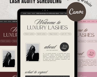 May include: A digital display showcasing a website for Luxury Lashes, with sections for Classic Lashes, Hybrid Lashes, and Mega Volume. The site includes a photo of a person and a 30% sale promotion. Text reads "Lash Acuity Scheduling" and "Booking Website Canva."
