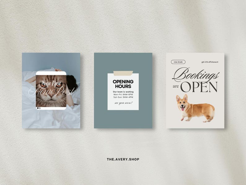 K&ouml;nnte beinhalten: Drei quadratische Social-Media-Posts. Einer zeigt eine Katze mit dem Text "New Post". Ein anderer sagt "Opening Hours" mit Gesch&auml;ftszeiten. Der letzte sagt "Bookings are OPEN" mit einem Corgi-Hund.