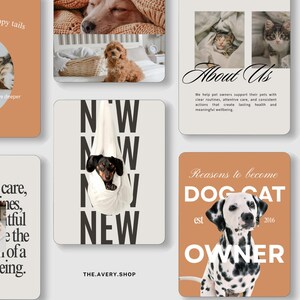 Pode incluir: Uma cole&ccedil;&atilde;o de cart&otilde;es promocionais com tema de animais de estima&ccedil;&atilde;o. Um cart&atilde;o apresenta um gato, outro um c&atilde;o e um terceiro um d&aacute;lmata. Outros cart&otilde;es t&ecirc;m texto como "About Us" e "Reasons to become DOG CAT OWNER". O logotipo da Avery Shop &eacute; vis&iacute;vel.