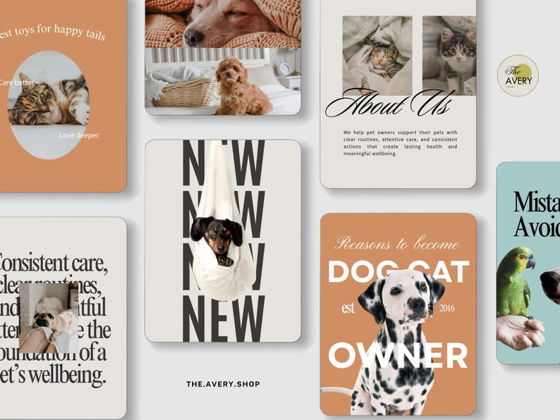 Pode incluir: Uma cole&ccedil;&atilde;o de cart&otilde;es promocionais com tema de animais de estima&ccedil;&atilde;o. Um cart&atilde;o apresenta um gato, outro um c&atilde;o e um terceiro um d&aacute;lmata. Outros cart&otilde;es t&ecirc;m texto como "About Us" e "Reasons to become DOG CAT OWNER". O logotipo da Avery Shop &eacute; vis&iacute;vel.