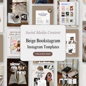 Op de afbeelding: Een verzameling social media-sjablonen in beige tinten voor boekenliefhebbers, met diverse lay-outs voorzien van tekst, afbeeldingen van boeken, koffiekopjes en grafische elementen die gerelateerd zijn aan lezen.