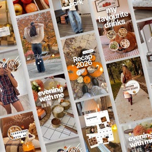 Puede incluir: Un collage digital de múltiples fotografías cuadradas y rectangulares con escenas de temática otoñal, que incluyen calabazas, café, decoración estacional y fotos de estilo de vida con textos blancos superpuestos como Recap 2026.