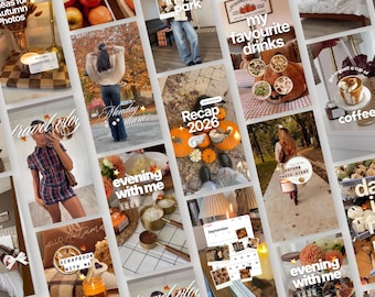 May include: A digital collage of multiple square and rectangular photographs featuring autumn-themed scenes, including pumpkins, coffee, seasonal decor, and lifestyle snapshots with overlaid white text captions like Recap 2026 and evening with me.