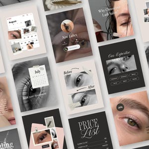 May include: A collection of social media templates for a lash salon featuring close-up photography of eyes, eyelashes, and eyebrows. The designs include calendars for August and July, price lists, service menus, and before-and-after comparison layouts.