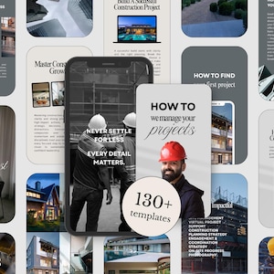 Puede incluir: Una colección de plantillas digitales para redes sociales destinadas a empresas de construcción, con varios diseños, superposiciones de texto, imágenes de obras, proyectos arquitectónicos y una persona con casco rojo, 130+ plantillas.