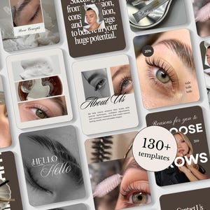 Pode incluir: Uma coleção de modelos digitais para serviços de beleza, com imagens em close-up de olhos e sobrancelhas. Os modelos incluem texto como "About Us", "Hello" e "130+ modelos". A paleta de cores é neutra com tons de castanho e branco.