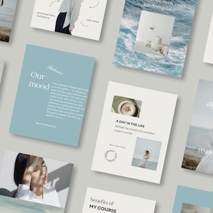 May include: A collection of light blue and white cards with text and images. The cards feature phrases like "Our mood," "A day in the life," and "benefits of my course." The images include a woman, a coffee cup, and ocean waves.