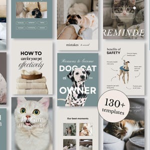 May include: A collection of pet care-themed templates with images of dogs and cats. The templates include text such as "How to care for your pet effectively", "Dog Cat Owner", and "130+ templates". The color palette is soft and inviting.