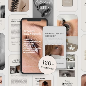 Könnte beinhalten: Eine Sammlung digitaler Social-Media-Vorlagen für Wimpernlifting- und Laminierungsdienste, mit einem Smartphone, das ein Servicemenü anzeigt, Nahaufnahmen von Augen mit langen Wimpern und Textüberlagerungen inklusive 130+ Vorlagen.