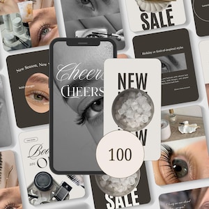 Könnte beinhalten: Eine Collage von Bildern rund um das Thema Schönheit, darunter Nahaufnahmen von Augen mit langen Wimpern, ein Smartphone mit dem Text "Cheers" und Karten mit Texten wie "New" und "Sale". Das Gesamtthema bezieht sich auf Schönheits- und Wimperndienstleistungen.