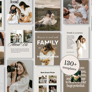 Op de afbeelding: Een verzameling digitale marketingtemplates voor fotografen met diverse lay-outs, neutrale kleurenpaletten en typografie. De ontwerpen bevatten tekstoverlays zoals About Us, Family is a journey en 130+ templates, met diverse fotografie.