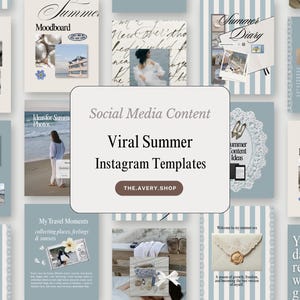 May include: A collection of digital Instagram templates featuring a summer theme with blue and white striped backgrounds, collage layouts, and text overlays including Summer Moodboard, Summer Diary, and Viral Summer Instagram Templates.