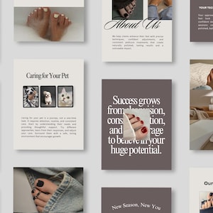 May include: A collection of images featuring pedicure and nail care services. The images include close-ups of feet with manicured nails, text about pet care, and motivational quotes. The color palette is neutral with shades of brown and white.