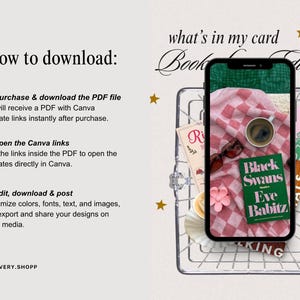 Puede incluir: Un gr&aacute;fico digital con instrucciones sobre c&oacute;mo descargar una plantilla de Canva. El texto dice How to download, Purchase & download the PDF file, Open the Canva links y Edit, download & post. Un tel&eacute;fono inteligente muestra una portada.