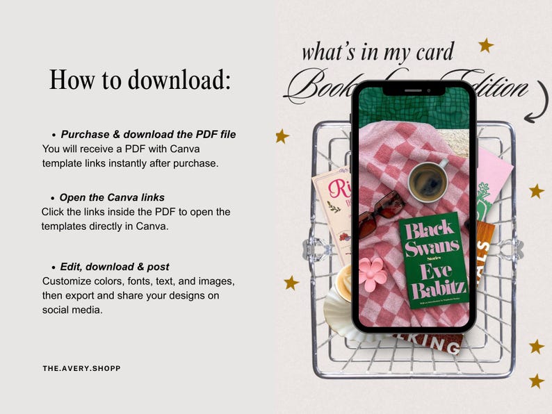 Puede incluir: Un gr&aacute;fico digital con instrucciones sobre c&oacute;mo descargar una plantilla de Canva. El texto dice How to download, Purchase & download the PDF file, Open the Canva links y Edit, download & post. Un tel&eacute;fono inteligente muestra una portada.