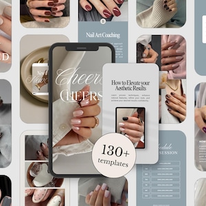 May include: A collage of images showcasing various nail art designs and a phone displaying nail art coaching content. The images feature different nail colors and styles, with text overlays like "Cheers" and "130+ templates."
