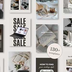 Pode incluir: Uma coleção de modelos digitais para redes sociais com vários layouts que incluem livros, portáteis, café e flores. Os designs incluem sobreposições de texto como SALE, BEHIND THE SCENES e 130+ templates numa paleta de cores neutras.