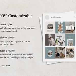 K&ouml;nnte beinhalten: Eine digitale Marketingvorlage mit dem Text "100% Anpassbar" und Aufz&auml;hlungspunkten, die anpassbare Schriftarten, Farben, Layouts und Fotos beschreiben. Die Vorlage enth&auml;lt ein Raster von Bildern mit Haustieren.