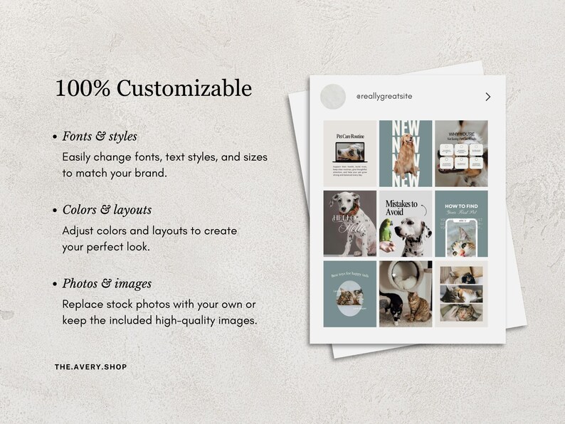 K&ouml;nnte beinhalten: Eine digitale Marketingvorlage mit dem Text "100% Anpassbar" und Aufz&auml;hlungspunkten, die anpassbare Schriftarten, Farben, Layouts und Fotos beschreiben. Die Vorlage enth&auml;lt ein Raster von Bildern mit Haustieren.
