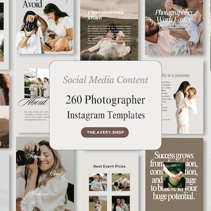 May include: A collection of 260 photographer Instagram templates featuring various layouts with photography-themed text, including Social Media Content, 260 Photographer Instagram Templates, and the website address THE.AVERY.SHOP on a central card.