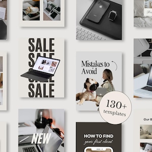 May include: A collection of digital social media templates featuring various layouts with laptops, smartphones, and text overlays including Sale, Mistakes to Avoid, and 130+ templates. The aesthetic uses a neutral color palette with black and white typography.