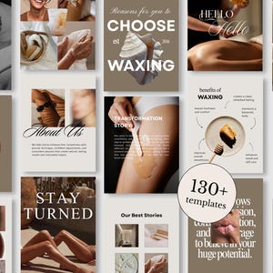Puede incluir: Un collage de imágenes que promocionan servicios de depilación con cera, con texto como "Choose Waxing" y "Benefits of Waxing". Las imágenes incluyen primeros planos de tratamientos de la piel, entornos de spa y una variedad de plantillas. El texto "130+ templates" también es visible.