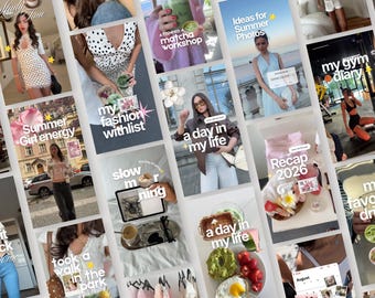 May include: A collage of social media posts featuring various lifestyle scenes including a white polka dot dress, a matcha drink, a light blue halter dress, a gym workout, a street outfit, a breakfast plate with avocado and eggs, and text overlays.