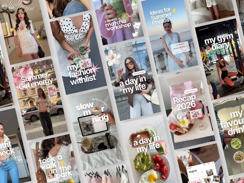 May include: A collage of social media posts featuring various lifestyle scenes including a white polka dot dress, a matcha drink, a light blue halter dress, a gym workout, a street outfit, a breakfast plate with avocado and eggs, and text overlays.