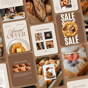 Pode incluir: Uma colagem de vários produtos de panificação, incluindo pão, rolinhos de canela, biscoitos e doces. Algumas imagens têm sobreposições de texto, como "SALE" e "Special Offer". O tema geral é uma padaria ou café.