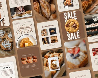 Plantillas de publicaciones de Instagram para panaderías / Publicaciones de pasteles y repostería en Canva / Kit moderno de redes sociales para panaderías, cafeterías y marcas de postres / Instagram editable